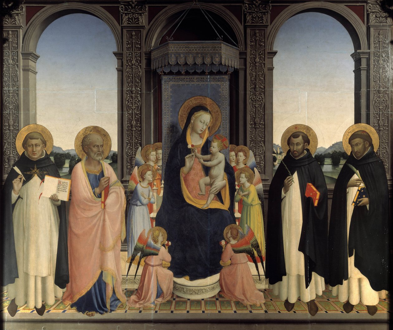 Pyhän Dominikin polyyptyykki - Pyhä Tuomas Akvinolainen ja Pyhä Barnabe, Pyhä Dominic ja Pyhä Pietari marttyyri tekijältä Fra  Angelico