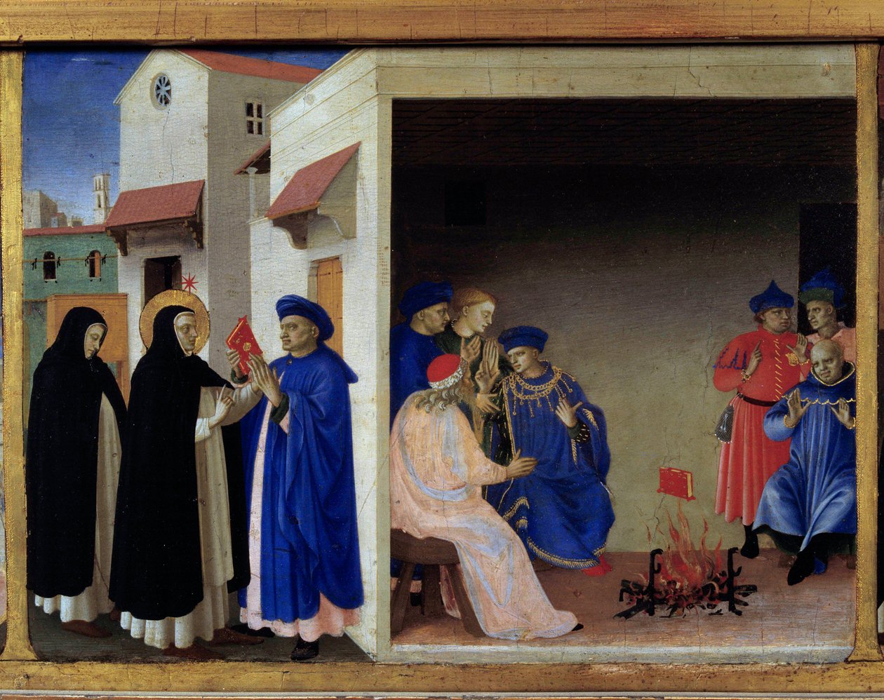 Neitsyen kruunaamisen Predelle: kirjan ihme lähettää albiilaisille. Pyhä Dominica kiistää kataarien harhaopin. Detrempe puulle, kirjoittanut Guido di Pietro (tai Fra Giovanni da Fiesole) dit Fra Angelico tai il Beato (1400-1455). Louvren taidemuseo tekijältä Fra  Angelico