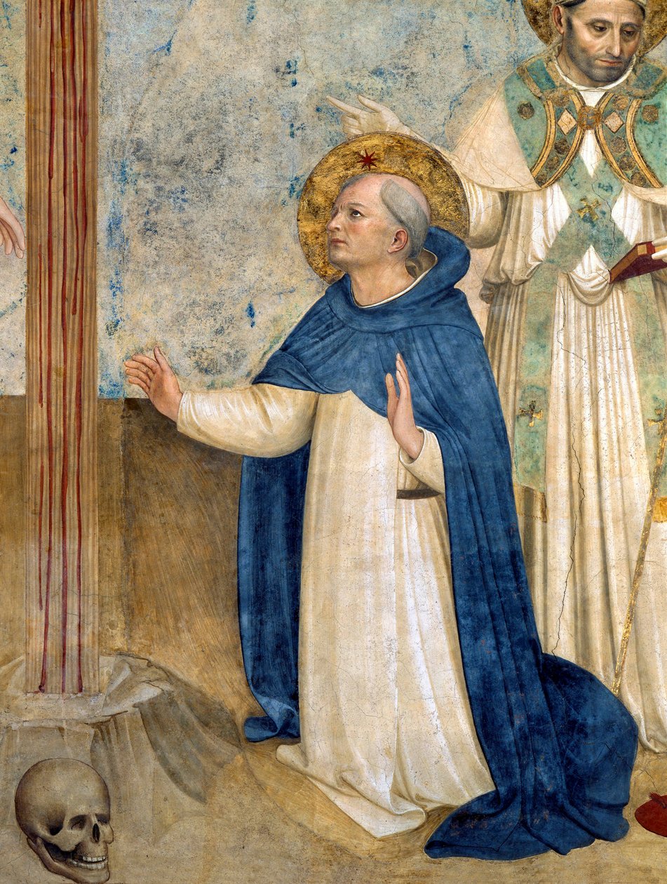 Pyhä Dominic, yksityiskohta Fra Angelicon (Guido di Pietro) fresosta, joka edustaa ristiinnaulitsemista tekijältä Fra  Angelico
