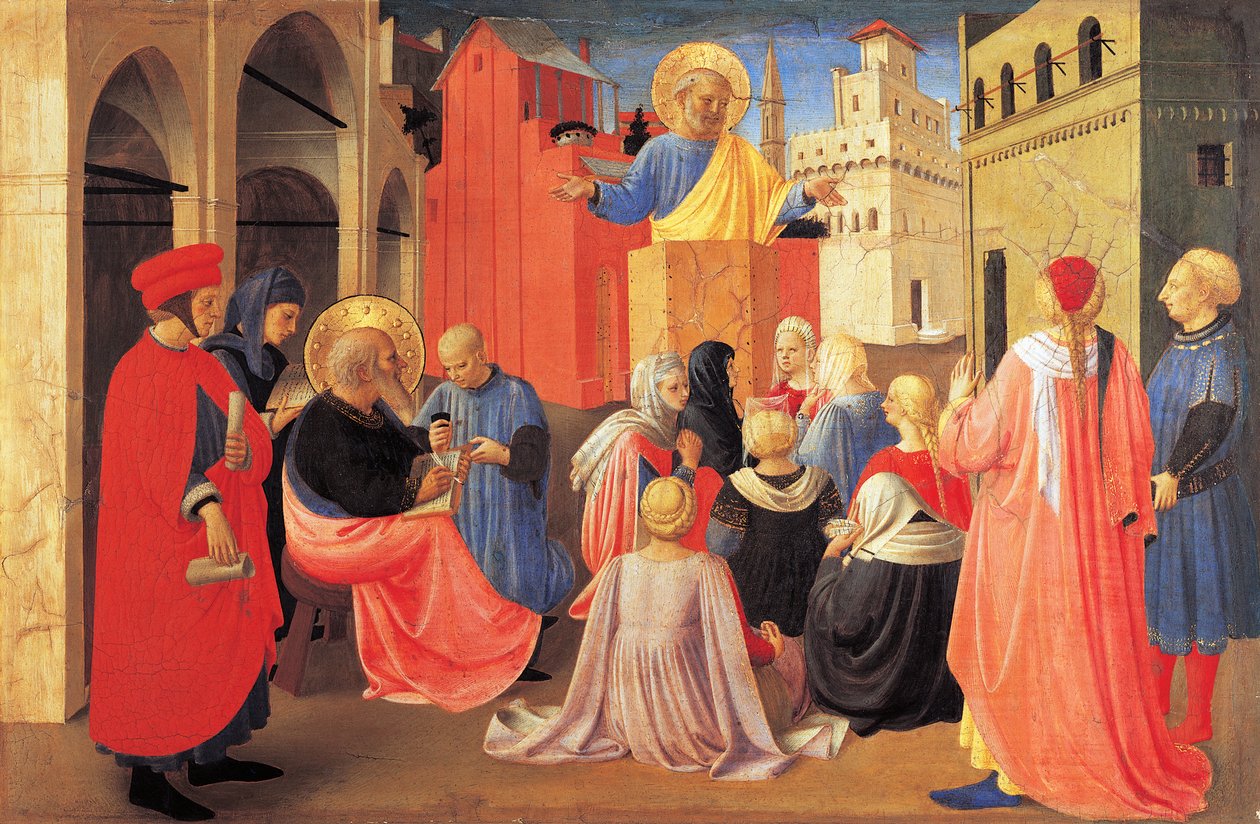 Pyhä Pietari saarnaa evankeliumia Pyhälle Markukselle, yksityiskohta Pellavaverhojen tabernaakkelin predellasta tekijältä Fra (c.1387 1455) Angelico
