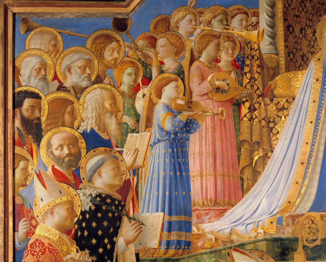 Neitsyen kruunaus, yksityiskohta Saints and Angels -muusikoista. Guido di Pietron (tai Fra Giovanni da Fiesolen) maalaus, Fra Angelico ou il Beato (1387-1455) tekijältä Fra  Angelico