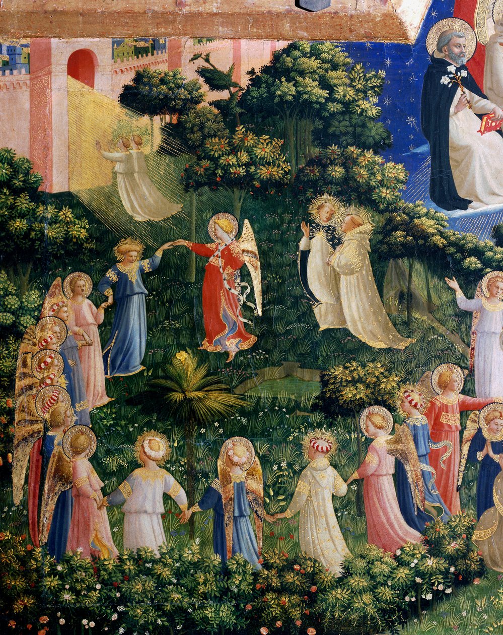 Viimeisen tuomion yksityiskohta paratiisista, aureolee-sielujen kierros. Detrempe puulle, kirjoittanut Guido di Pietro (tai Fra Giovanni da Fiesole) dit Fra Angelico tai il Beato (1400-1455). Himmeä. 105x210 cm San Marcon museo. Firenze tekijältä Fra  Angelico