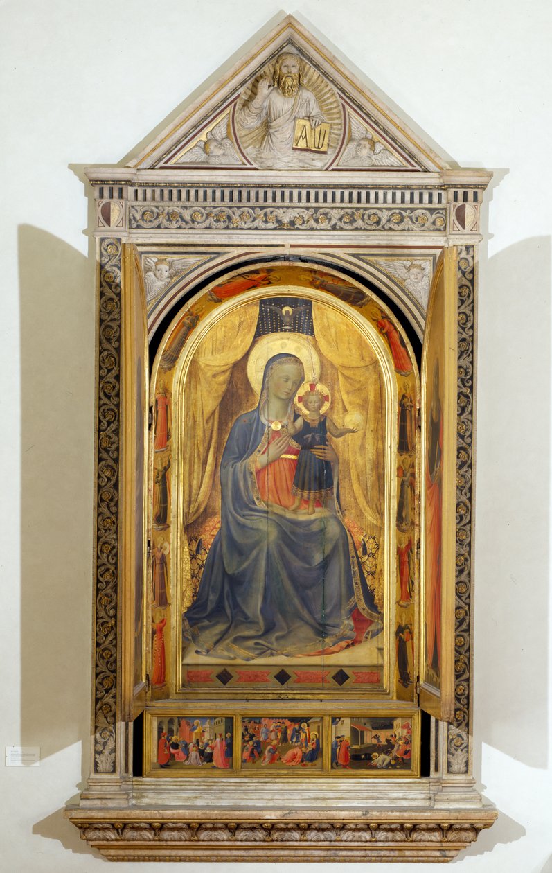 Linaiuolin triptyykki (avoin ikkunaluukut): Neitsyt ja lapsi valtaistuimella Pyhän Johannes Kastajan ja Pyhän Markuksen kanssa tekijältä Fra  Angelico