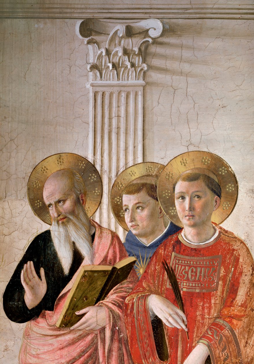 Varjojen Madonna. Yksityiskohta: St John, St Thomas ja St Lawrence (fresko, n. 1438-1446) tekijältä Fra  Angelico