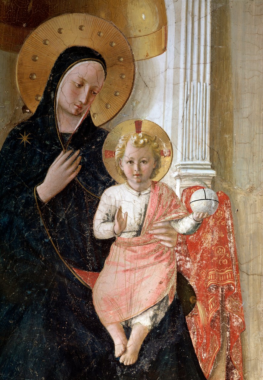 Varjojen Madonna. Yksityiskohta, Jeesuksen Kristuksen aureoli on merkitty ristillä (fresko, n. 1438-1446) tekijältä Fra  Angelico