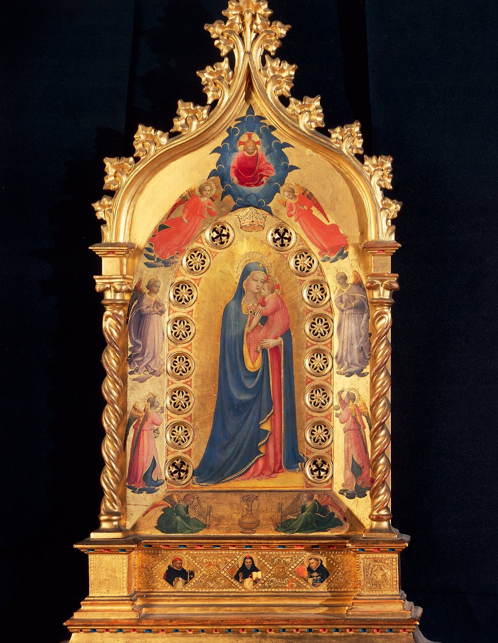 Neitsytellä on pyhäinpyhätähti Neitsyt ja lapsi, Saint Pere, Pyhä Pietari, Pyhä Dominic ja Pyhä Tuomas Akvinolainen. Guido di Pietron (tai Fra Giovanni da Fiesolen) maalaus puulle, Fra Angelico ou il Beato (1400-1455) 1434 Dim. 84x51 cm Firenze, tekijältä Fra  Angelico