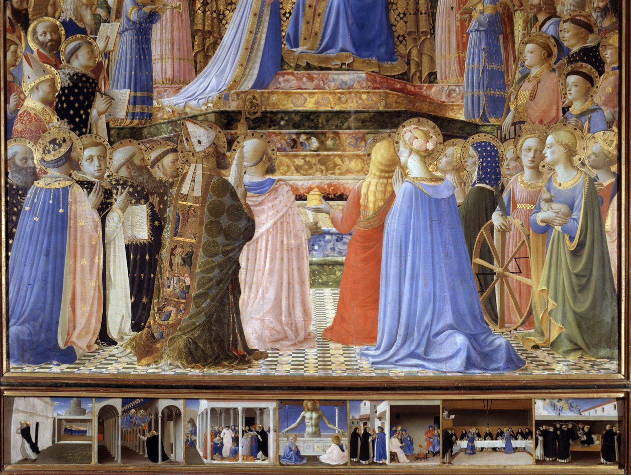 Virgin Detail of Saints and Angels -muusikoiden kruunaus. Alla tarina Pyhästä Dominikasta: Pyhän Pietarin ja Paavalin ilmestymisessä Pyhä Dominica, Pyhä Dominic herättää kuolleista Napoleone Orsinin, haudassaan seisova Kristus, dispu tekijältä Fra  Angelico