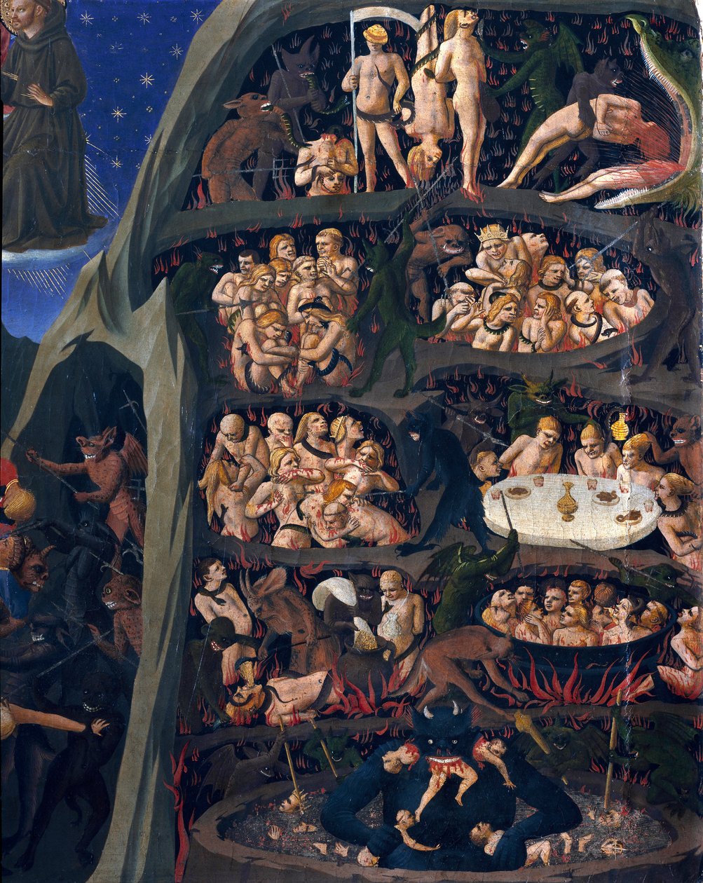 Viimeinen tuomio: helvetti. Helvetin piireissä kidutettujen kirottujen sielut. Paholainen alakerrassa on yksi niistä. Guido di Pietron (tai Fra Giovanni da Fiesolen) maalaus, Fra Angelico ou il Beato (1400-1455) tekijältä Fra  Angelico