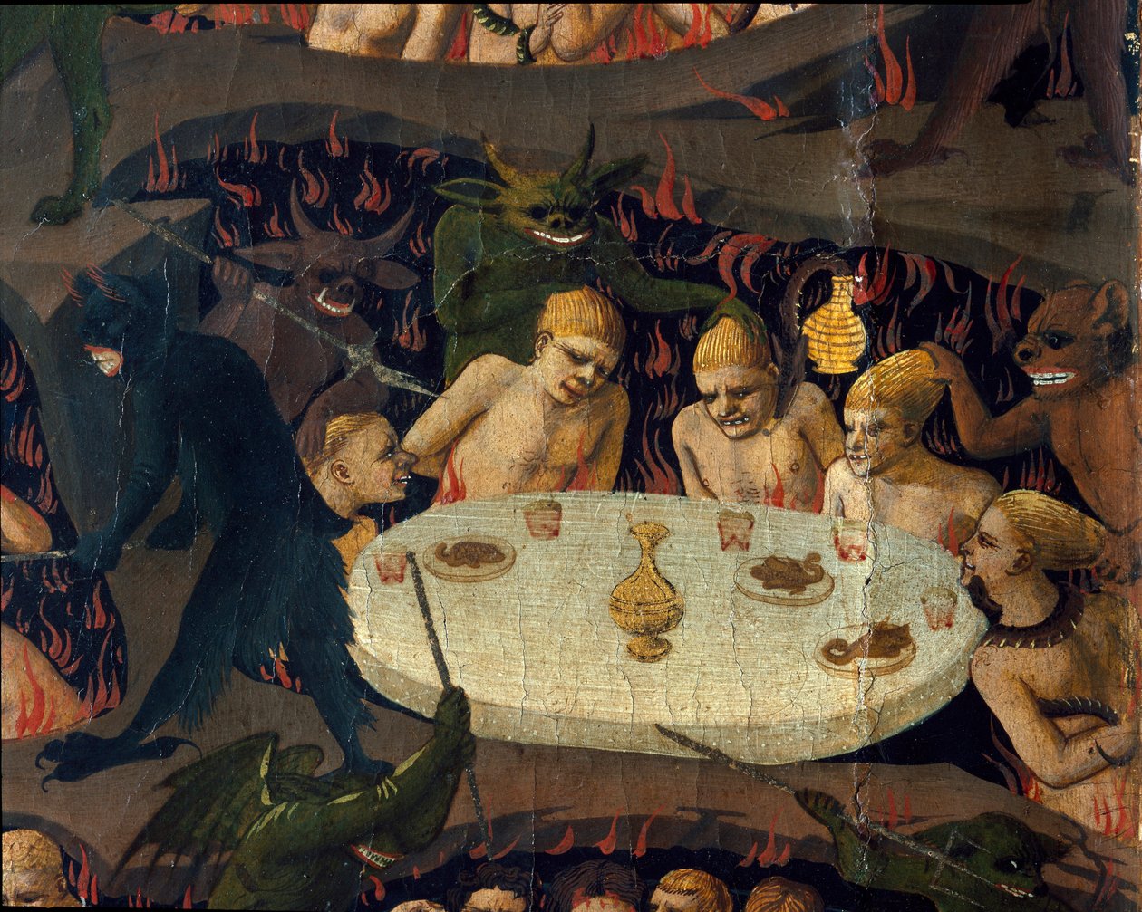 Viimeinen tuomio: alamaailman demonit kohtelevat piruja huonosti. Guido di Pietron (tai Fra Giovanni da Fiesolen) maalaus, Fra Angelico ou il Beato (1400-1455) tekijältä Fra  Angelico