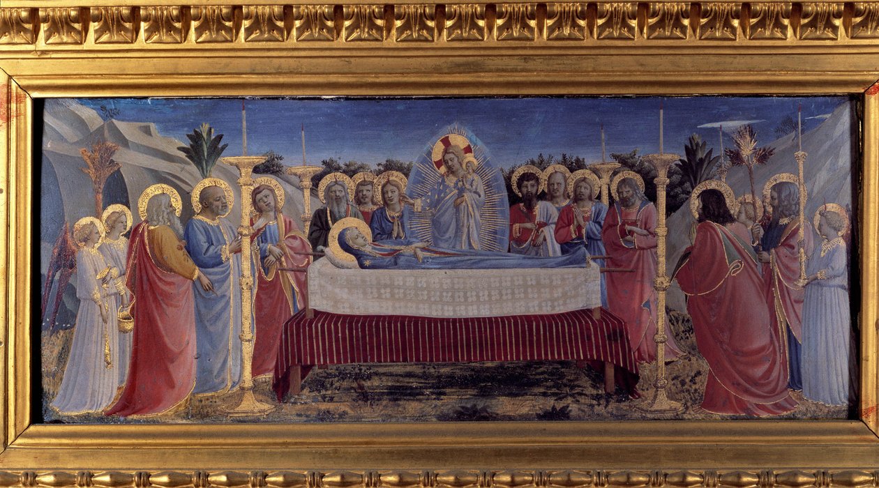 Neitsyen hautajaiset. Predelle (maalaus puulle) 1435 tekijältä Fra  Angelico