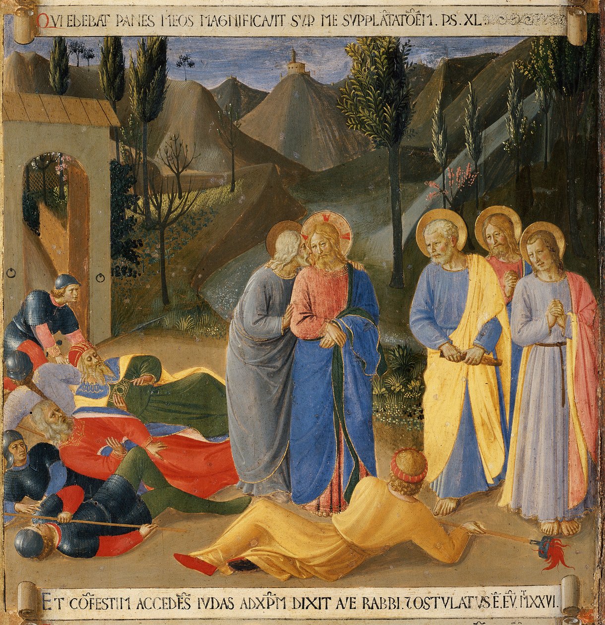 Juudaksen suudelma. Kristuksen elämä, hopeinen vaatekaappi. (Tempera puulla tekijältä Fra  Angelico