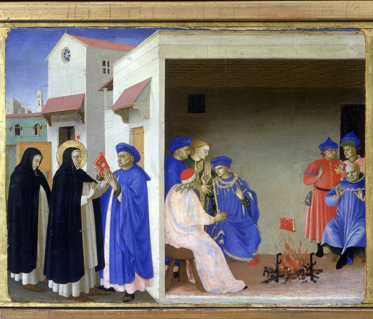 Pyhän Dominican ihme: pyhimys antaa albiileille kirjan, joka kumoaa heidän harhaoppinsa, ja albiilaiset yrittävät polttaa sen, tuloksetta - Guido di Pietron (tai Fra Giovanni da Fiesolen) Predelle "Neitsyen kruunaamisesta" dit Fra Angelico tai tekijältä Fra  Angelico