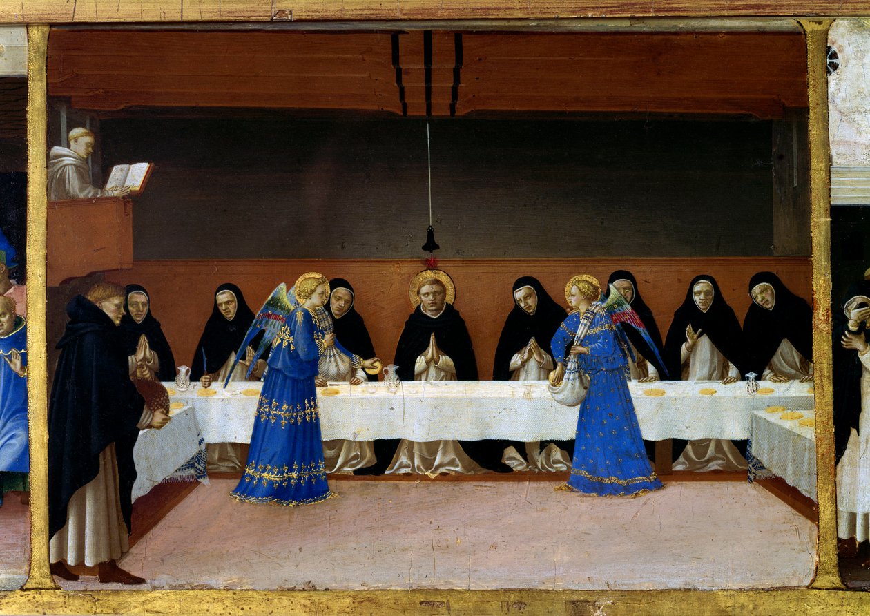 Munkit pöydässä, enkelien keittiö Pyhän Dominican elämä (yksityiskohta Neitsyen kruunaamisen predellistä): enkelit tarjoilevat aterian dominikaanisille veljille. Guido di Pietron (tai Fra Giovanni da Fiesolen) maalaus, Fra Angelico ou i tekijältä Fra  Angelico