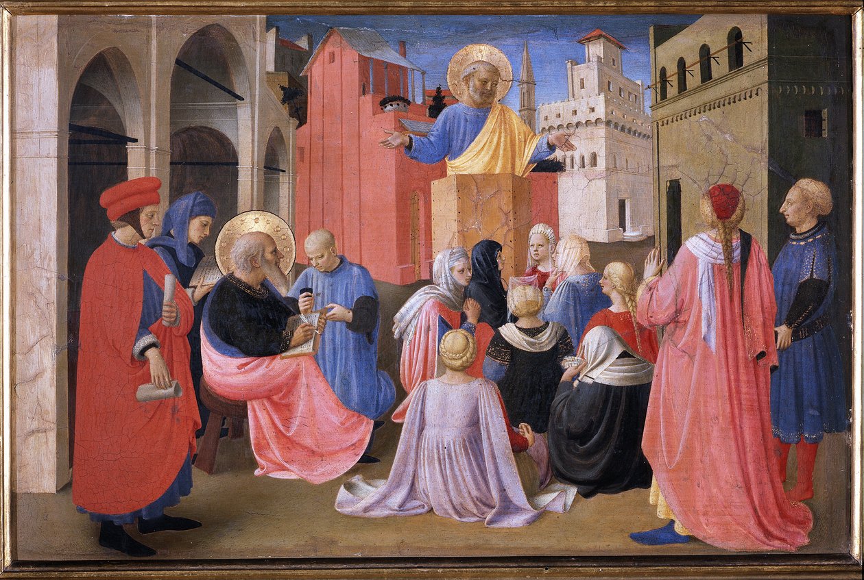 Pyhän Pietarin saarna pyhän Markuksen läsnäollessa. Linaiolin tabernaakkeli (maalaus puulle tekijältä Fra  Angelico