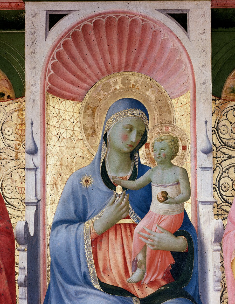 Neitsyt lapsen kanssa. Yksityiskohta Annalenan alttaritaulusta (Puumaalaus tekijältä Fra  Angelico