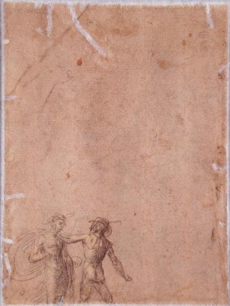 Kaksi figuuria (käänteinen) (musta ja keltainen liitu korotettu valkoisella paperilla) (katso 152658) tekijältä Fra 1472 1517 Bartolommeo