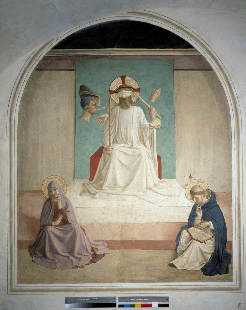 Kristus pilkkaa Neitsyen ja Pyhän Hieromuksen kanssa. Fresko Guido di Pietro tekijältä Fra Angelico