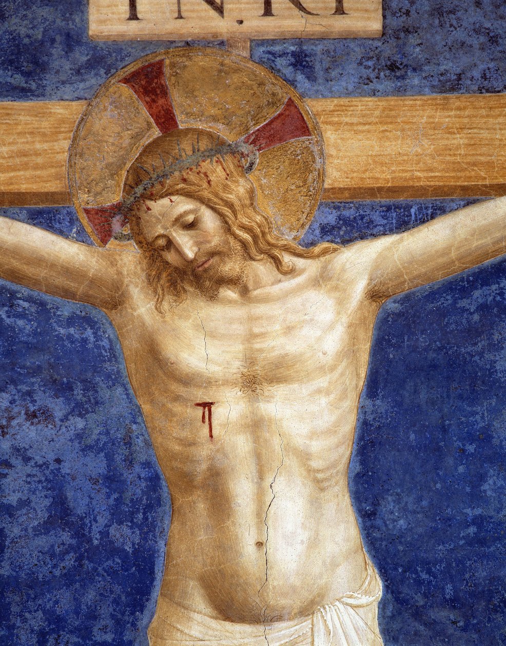 Kristus ristiinnaulittu. Kaiverrus "INRI" ristissä, yksityiskohta tekijältä Fra Angelico