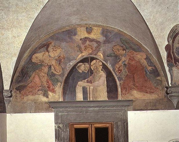 Kristus toivottaa tervetulleeksi kaksi dominikaanista veljeä, lunette tekijältä Fra Angelico