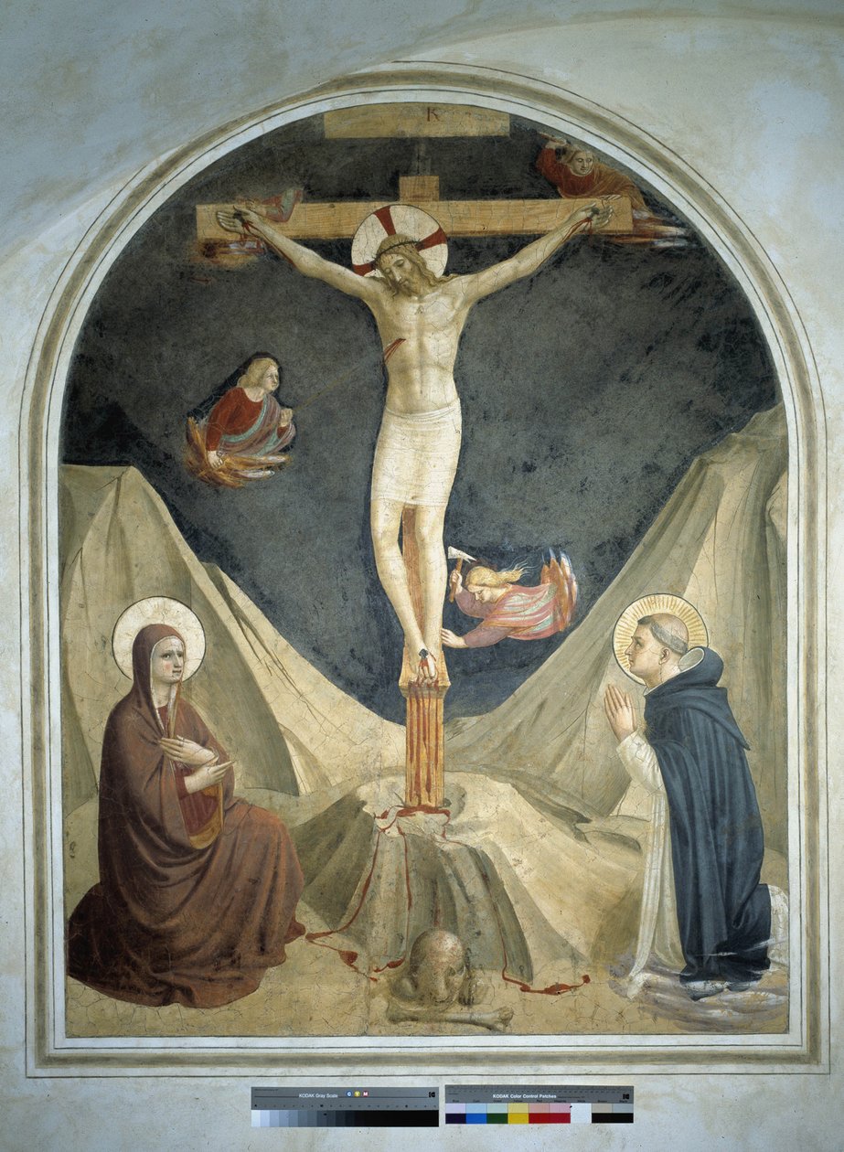 Ristiinnaulitseminen Neitsyen ja Pyhän Dominikin kanssa. Fresko Guido di Pietro tekijältä Fra Angelico