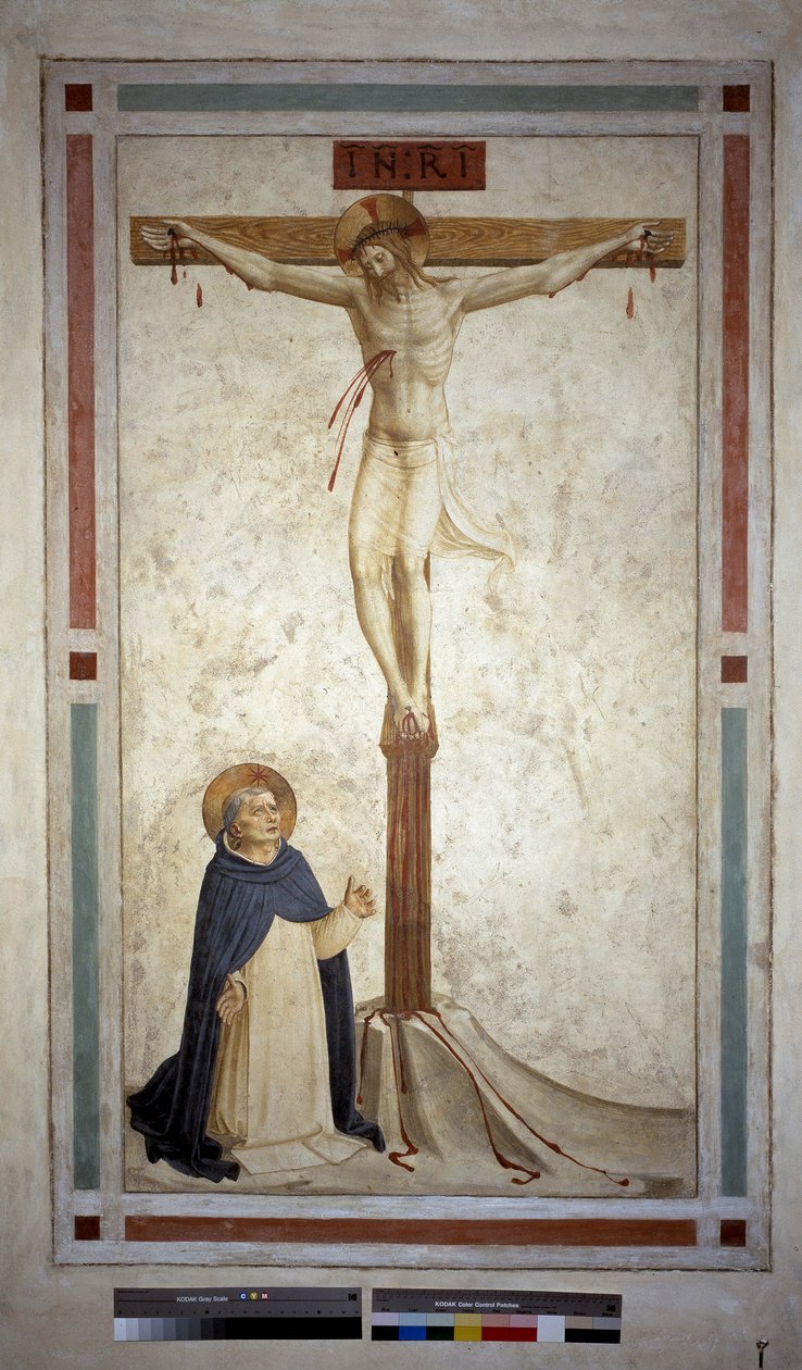 Ristiinnaulitseminen pyhän Dominicin kanssa. Kirjoitus "INRI" ristissä. Fresko Guido di Pietro tekijältä Fra Angelico