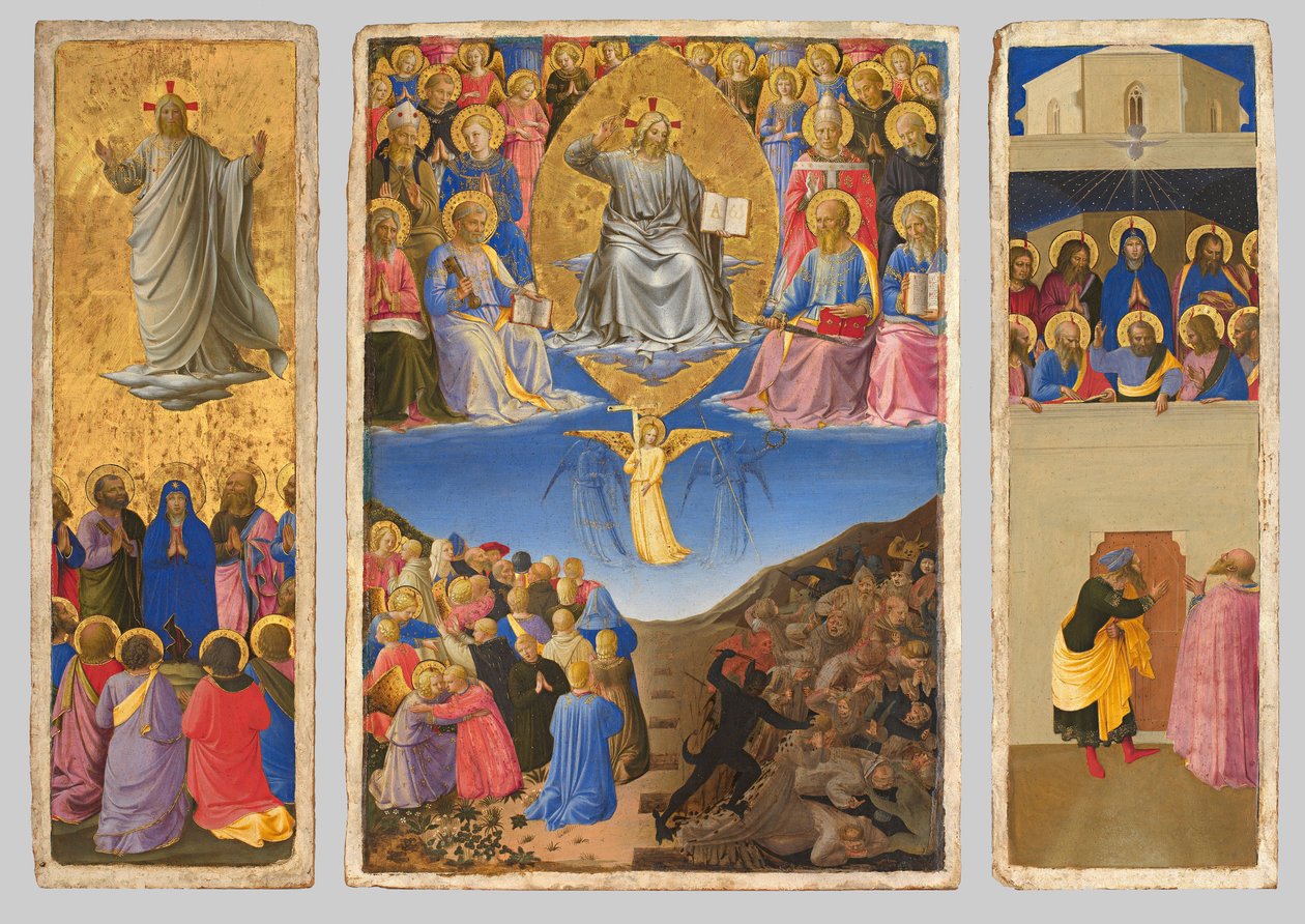Italian: Trittico (Ascensione, Giudizio Universale, Pentecoste) Triptyykki viimeisestä tuomiosta, taivaaseenastumisesta ja helluntaista. tekijältä Fra Angelico