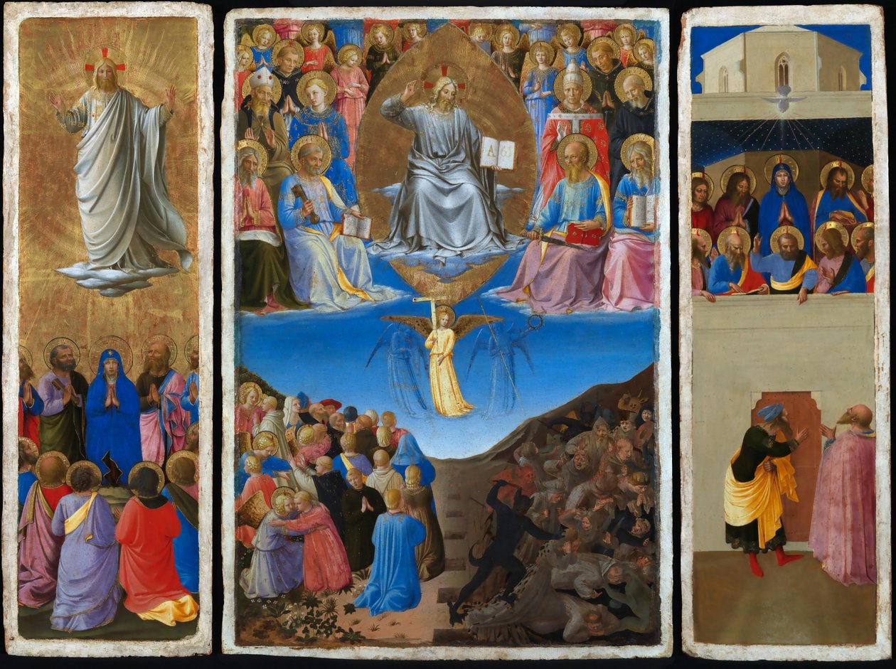 Italian: Trittico (Ascensione, Giudizio Universale, Pentecoste) Triptyykki viimeisestä tuomiosta, taivaaseenastumisesta ja helluntaista. tekijältä Fra Angelico