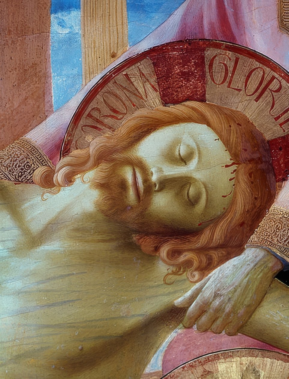 Laskeutuminen ristiltä. Yksityiskohta Firenzen Santa Trinitan alkuperäisen alttaritaulun keskiosasta: Kristuksen pää. 1437 tekijältä Fra Angelico