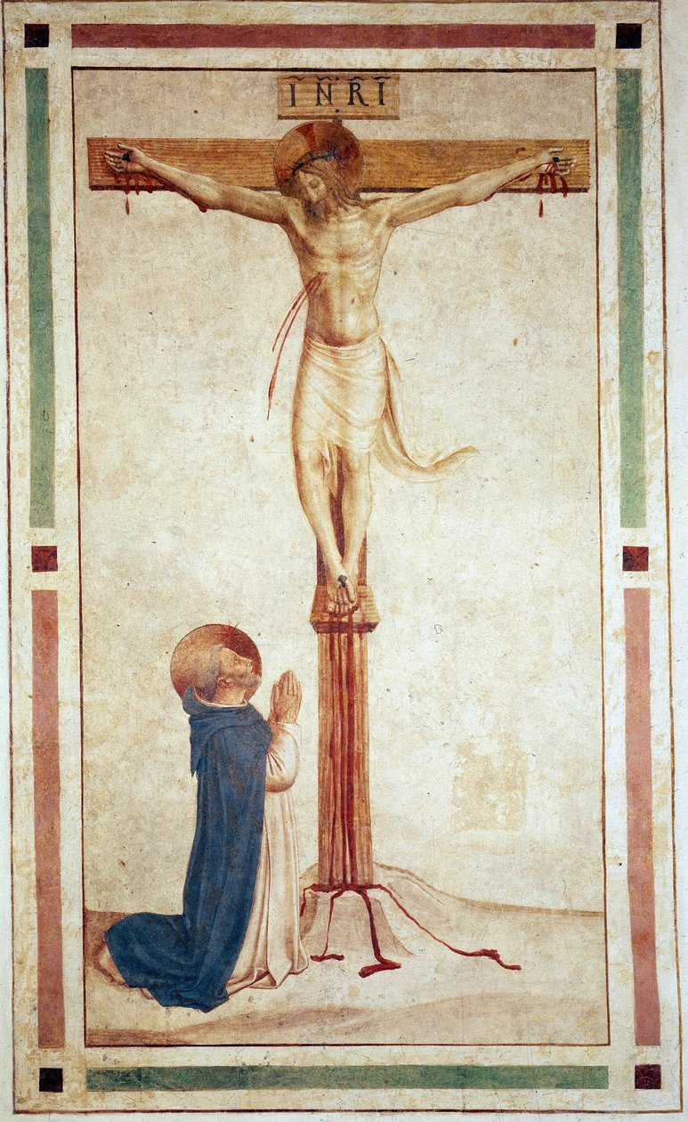 Ristiinnaulitseminen pyhän Dominicin kanssa. Kirjoitus "INRI" ristissä. Fresko Guido di Pietro tekijältä Fra Angelico