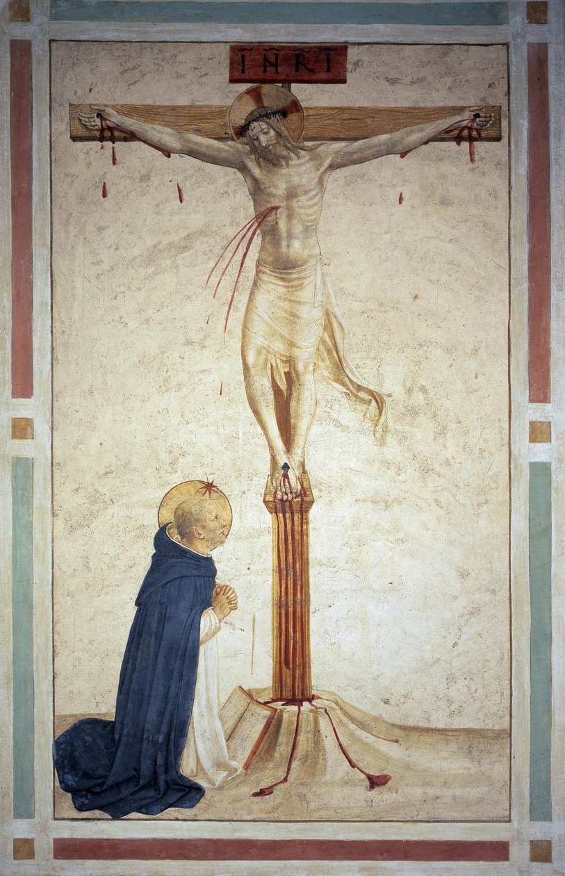 Ristiinnaulitseminen pyhän Dominicin kanssa. Kirjoitus "INRI" ristissä. Fresko Guido di Pietro tekijältä Fra Angelico