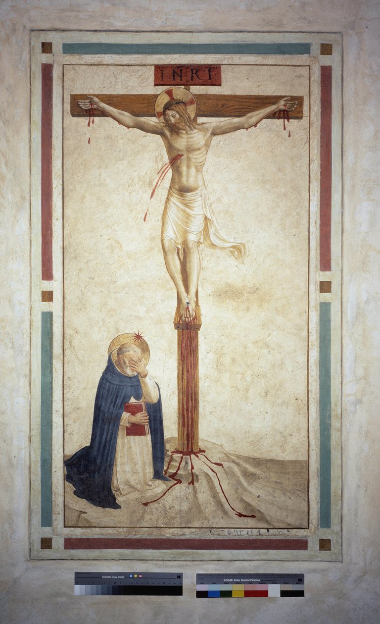 Ristiinnaulitseminen pyhän Dominicin kanssa. Kirjoitus "INRI" ristissä. Fresko Guido di Pietro tekijältä Fra Angelico