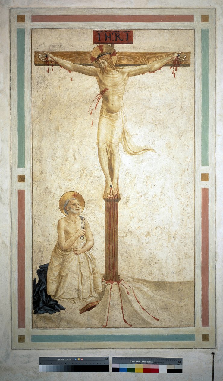 Ristiinnaulitseminen pyhän Dominicin kanssa. Kirjoitus "INRI" ristissä. Fresko Guido di Pietro tekijältä Fra Angelico