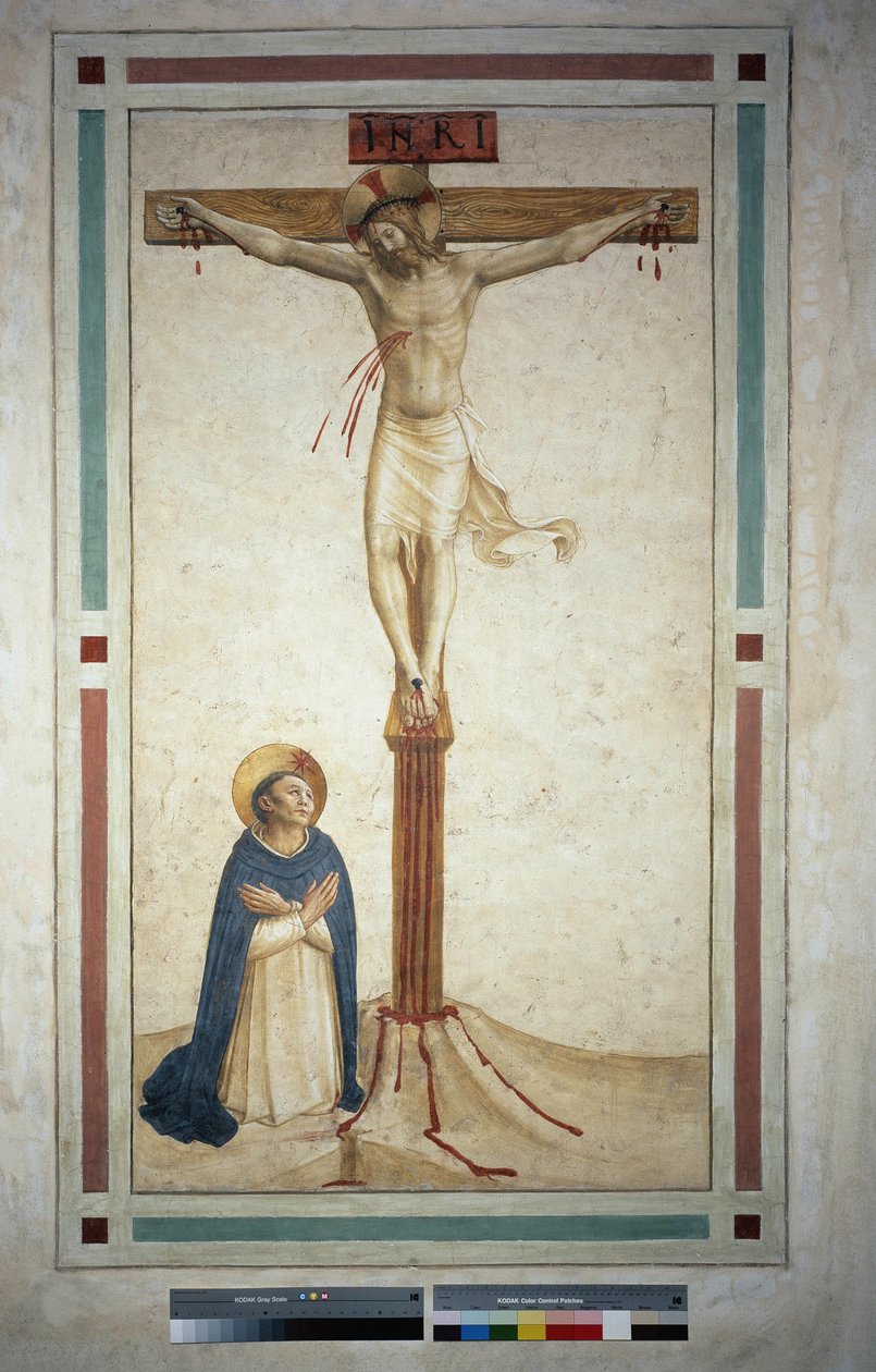 Ristiinnaulitseminen pyhän Dominicin kanssa. Kirjoitus "INRI" ristissä. Fresko Guido di Pietro tekijältä Fra Angelico
