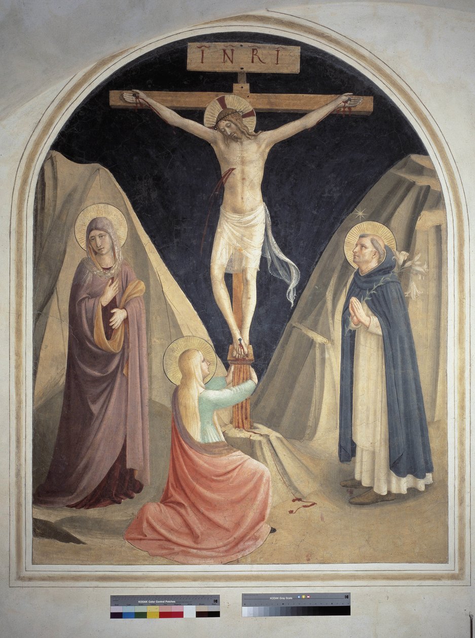 Ristiinnaulitseminen Pyhän Dominikin, Neitsyt Marian ja Pyhän Maria Magdaleenan kanssa. Kirjoitus "INRI" ristissä. Fresko Guido di Pietro tekijältä Fra Angelico