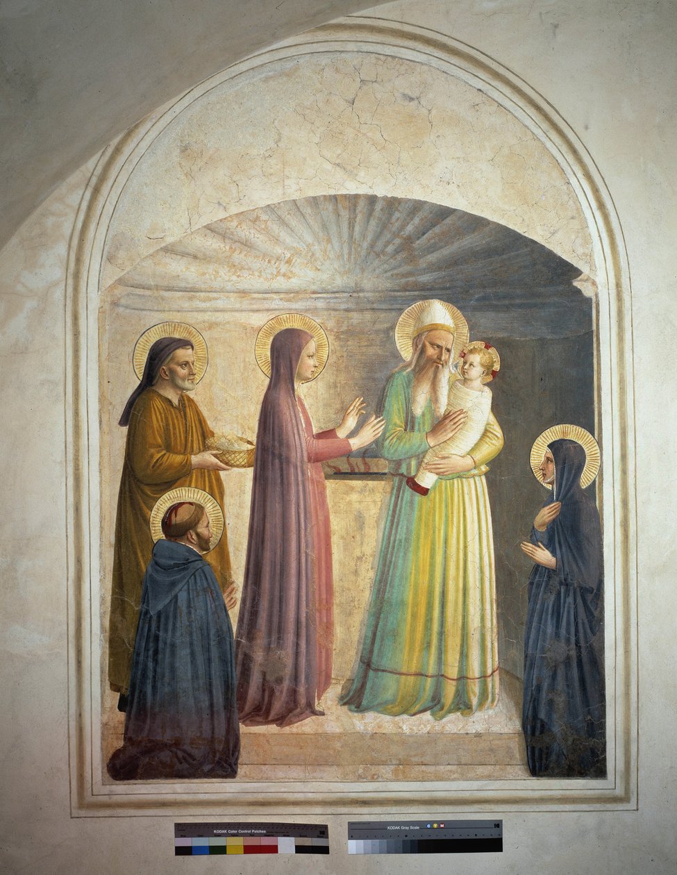 Kristuksen esittely temppelissä. Pyhä Pietari, marttyyri ja dominikaaninen nunna Villana, tarkkailevat raamatullista kohtausta. Fresko Guido di Pietro tekijältä Fra Angelico