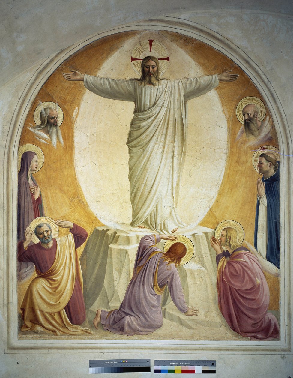 Kristuksen kirkastus. Taustalla on Mooseksen ja Elian kasvot. Alla näemme Neitsyt ja Pyhä Dominic. Sitten maassa, 3 apostolia. Fresko Guido di Pietro tekijältä Fra Angelico