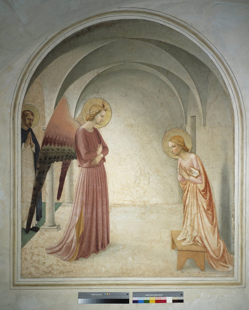 Ilmoitus. Pyhä Pietari marttyyri seisoo arkkienkeli Gabrielin takana ilmoittamassa Neitsyt Marialle. Fresko Guido di Pietro tekijältä Fra Angelico