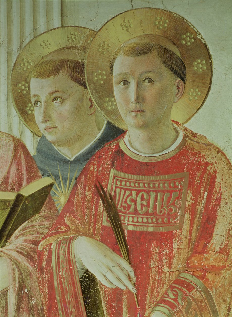 Varjon madonna, yksityiskohta St. Thomas Aquinasista ja Pyhästä Laurentiuksesta, ensimmäisen kerroksen käytävästä (fresko) tekijältä Fra Angelico
