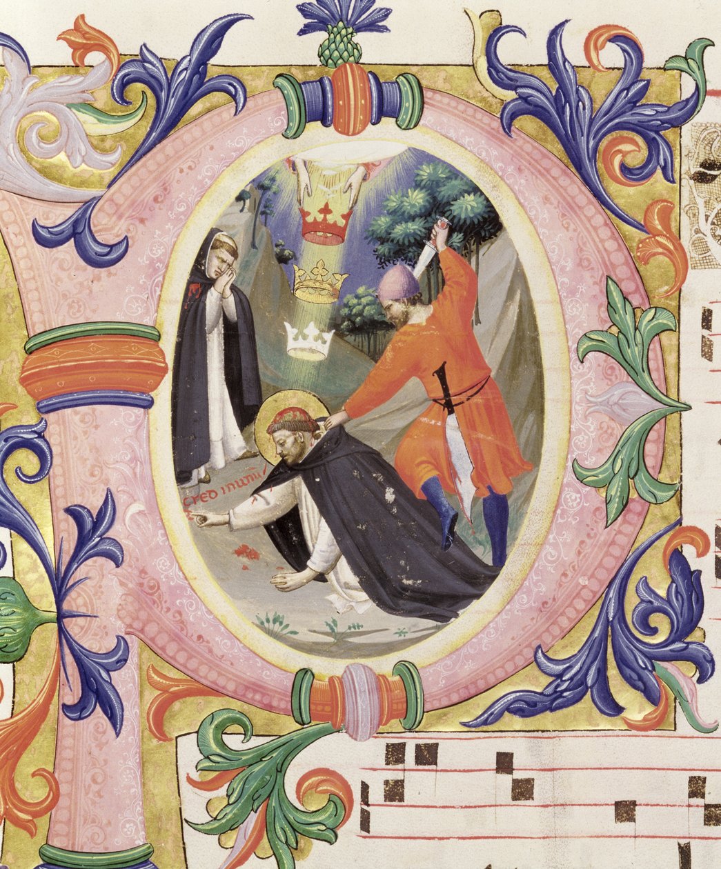 Missal 558 f.68v Historioitu alkukirjain "P", joka kuvaa Pyhän Pietari marttyyrin salamurhaa tekijältä Fra Angelico