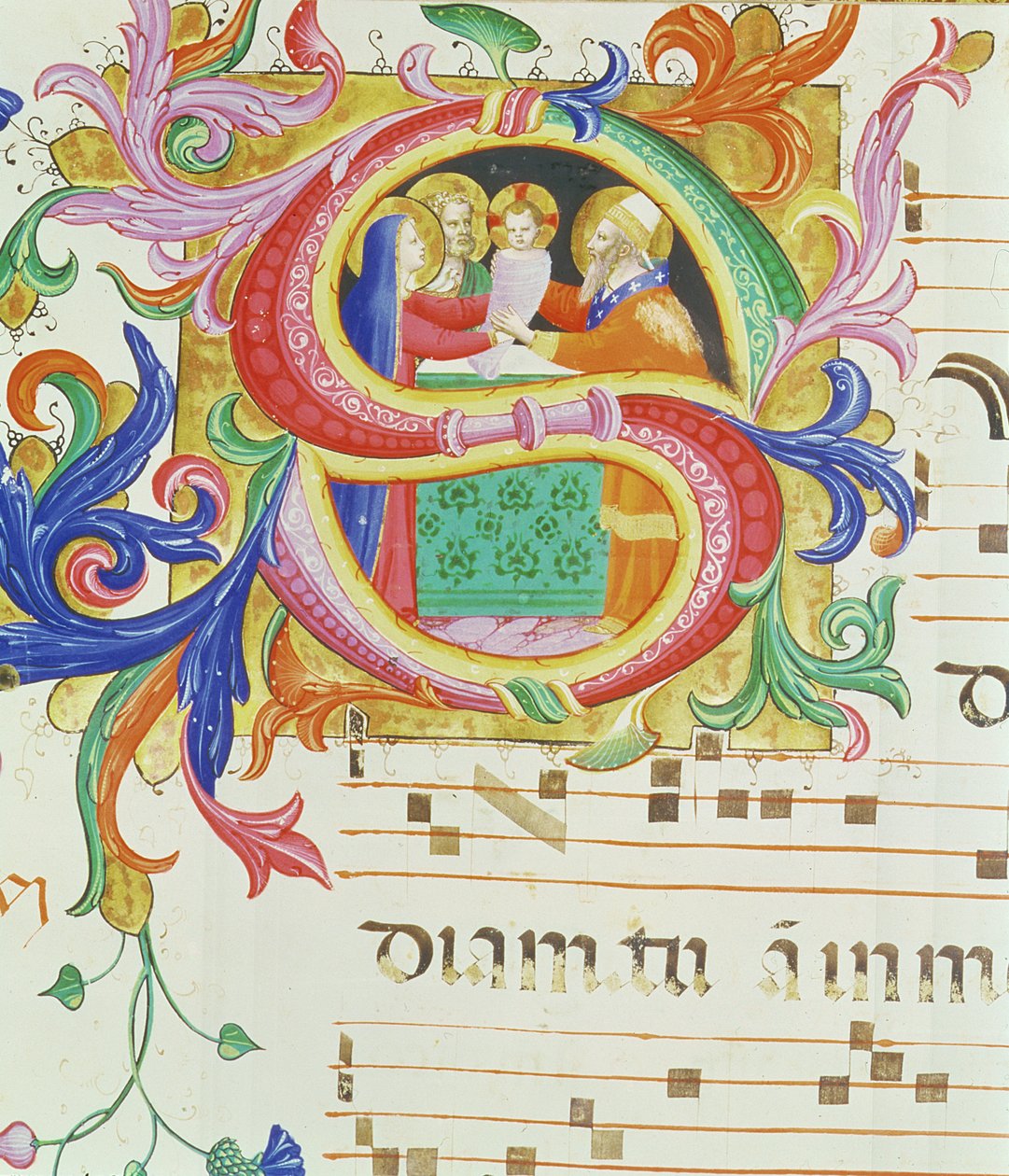 Missal 558 f.73v Historioitu alkukirjain "S", joka kuvaa esitystä temppelissä (katso lisätietoja 88931) tekijältä Fra Angelico