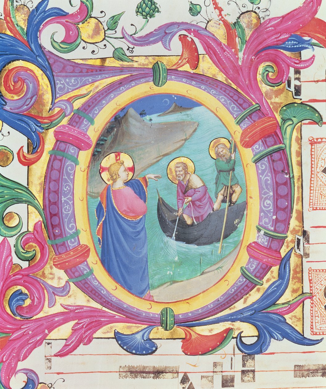 Missal 558 f.9r Historioitu alkukirjain O, joka kuvaa ihmeellistä kalaluonnosta (88928:n yksityiskohta) tekijältä Fra Angelico