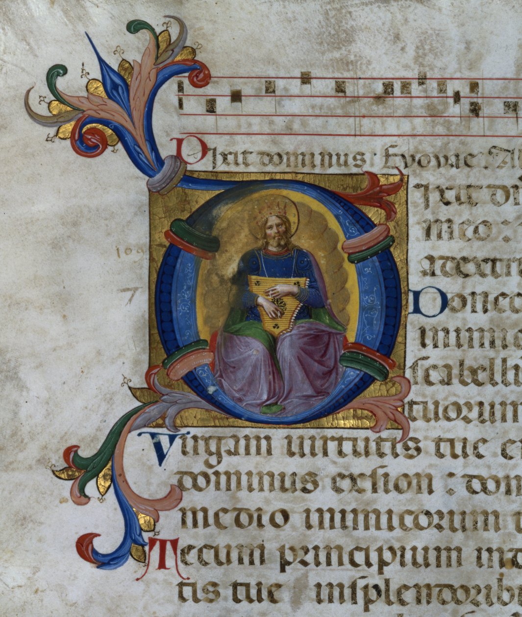 Ms 531 f.169v Historioitu alkukirjain "D", joka kuvaa kuningas Daavidia lyyrallaan, psaltterista San Marco e Cenacolista tekijältä Fra Angelico