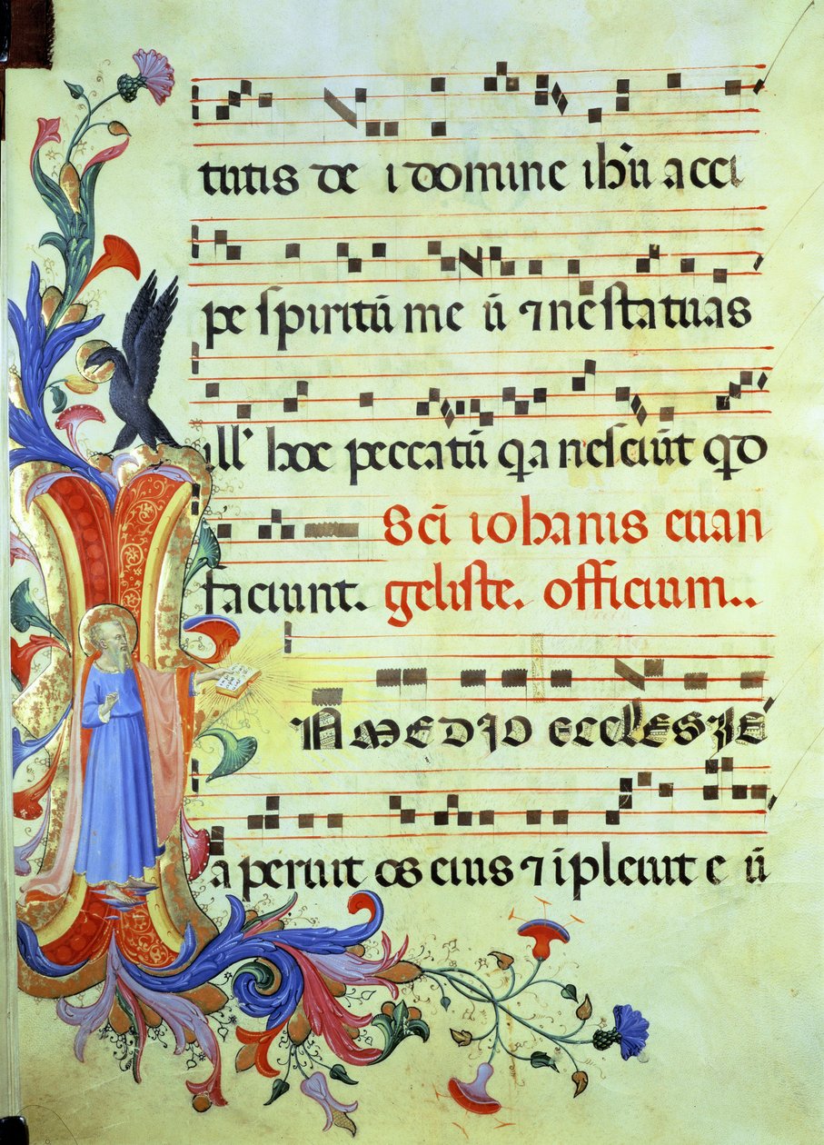 Ms 558 f.13v Historioitu alkukirjain "I", joka kuvaa evankelista Pyhää Johannesta. Sivulla on nuotteja missalista, 1430-luvun alussa tekijältä Fra Angelico
