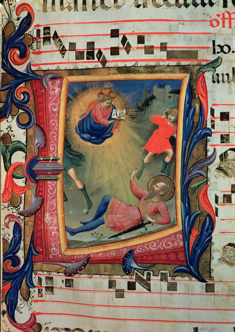 Ms 558 f.21v Historioitu alkukirja, joka kuvaa Pyhän Paavalin kääntymystä, yksityiskohta messalista, 1430-luvun alku tekijältä Fra Angelico