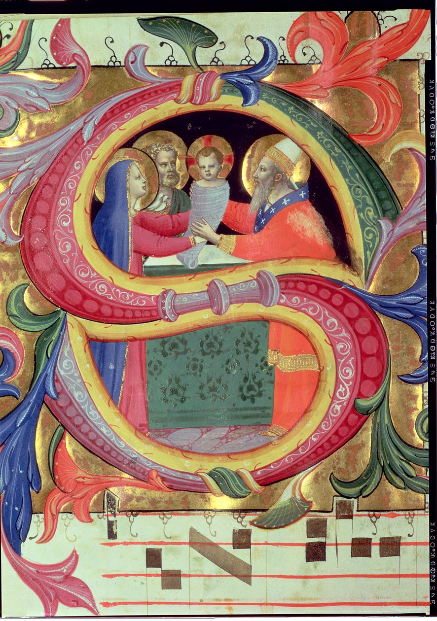 Ms 558 f.26v Esitelmä temppelissä, kuvattu historiallisella S-kirjaimella, yksityiskohta messukirjasta, 1430-luvun alun pergamentti, yksityiskohta 78832:sta. tekijältä Fra Angelico