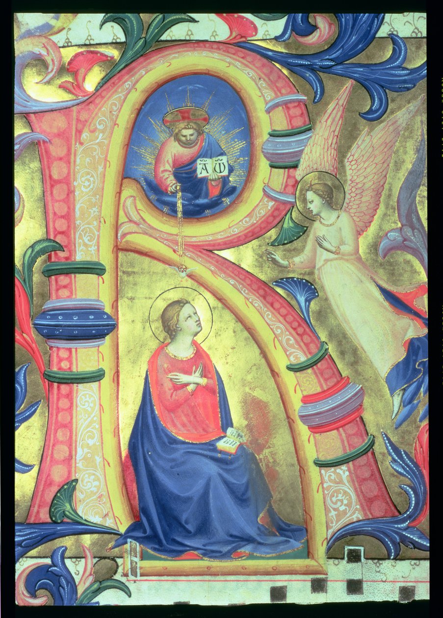 Ms 558 f.33v Ilmestyskirkko kuvattuna historiallisella R-kirjaimella, yksityiskohta messukirjasta, 1430-luvun alun pergamentti, yksityiskohta 88932:sta. tekijältä Fra Angelico