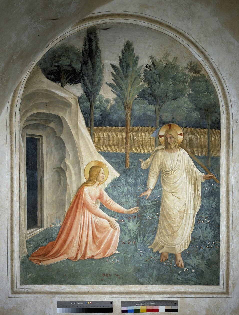 Noli tangere minua. Ylösnoussut Jeesus Kristus kieltäytyy saamasta Pyhän Maria Magdaleenan kosketusta. Fresko Guido di Pietro tekijältä Fra Angelico