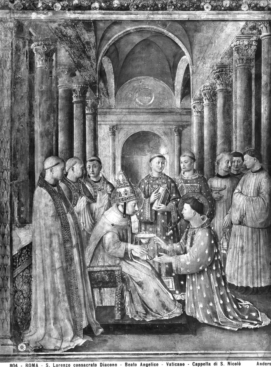 Paavi Sixtus II (k. 258) antaa diakonaatin Pyhälle Laurentiukselle (k. 258) Nikolai V:n kappelista tekijältä Fra Angelico