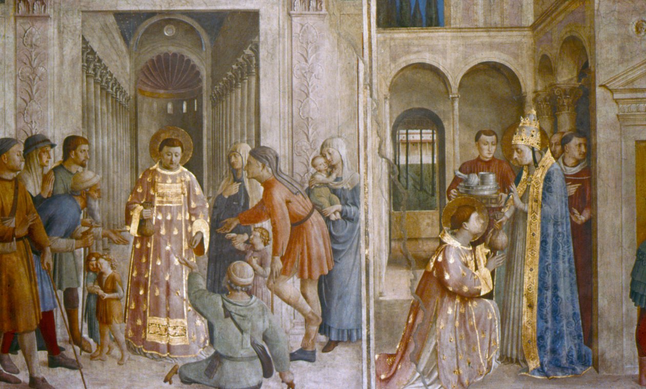 Paavi Sixtus II antaa kirkkoaarteen St Laurencelle 1400-luvun puolivälissä. tekijältä Fra Angelico