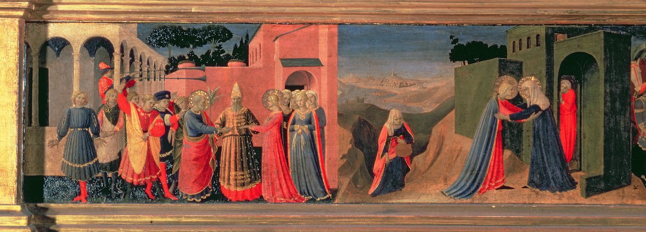 Predella-paneeli Marian ilmestykselle, joka näyttää Neitsyen häät ja vierailun tekijältä Fra Angelico